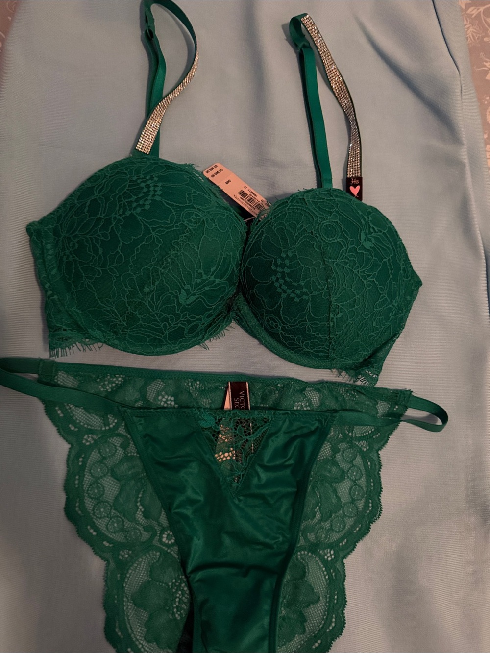PINK Victoria's Secret Emerald Green Lace Push-Up Bra & Lace Brief Set
